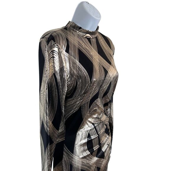 K TOO Vintage Metallic Black Gold Print Long sleeves Dress - Size L - Picture 3 of 10